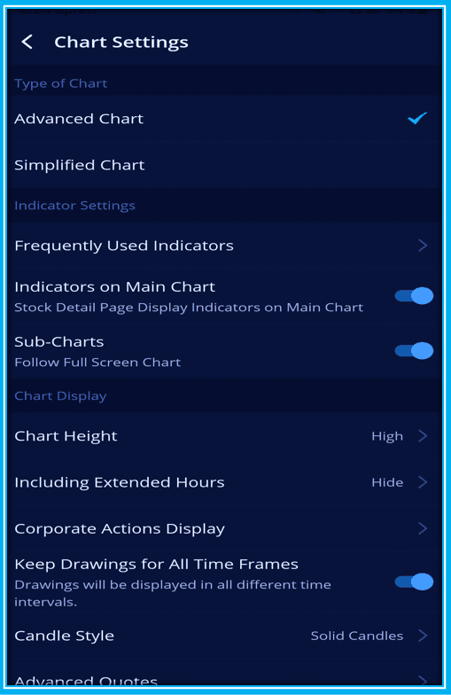 How To Red Webull Charts - Charts settings menu on Webull App