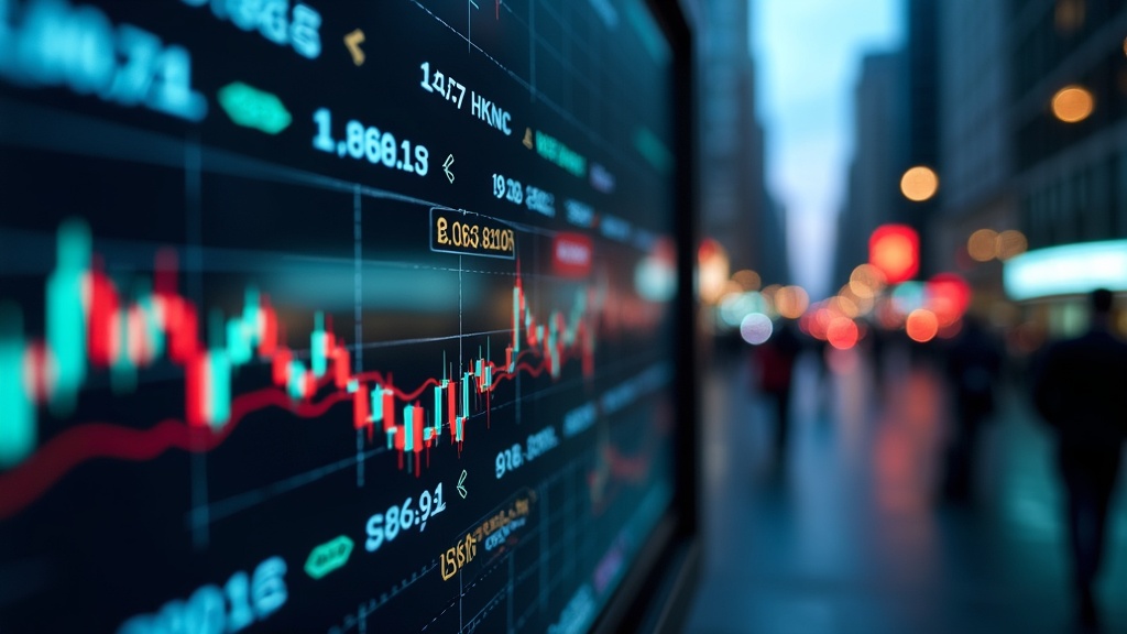 A close-up view of a digital stock market ticker showing fluctuating numbers, colorful trend lines, and real-time activity, set against the backdrop of a busy financial district.