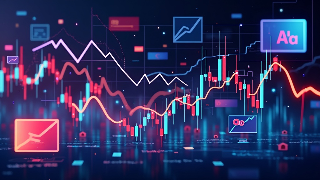 Colorful illustration of a stock market chart, stock symbols, and a few company logos on a glowing digital background.