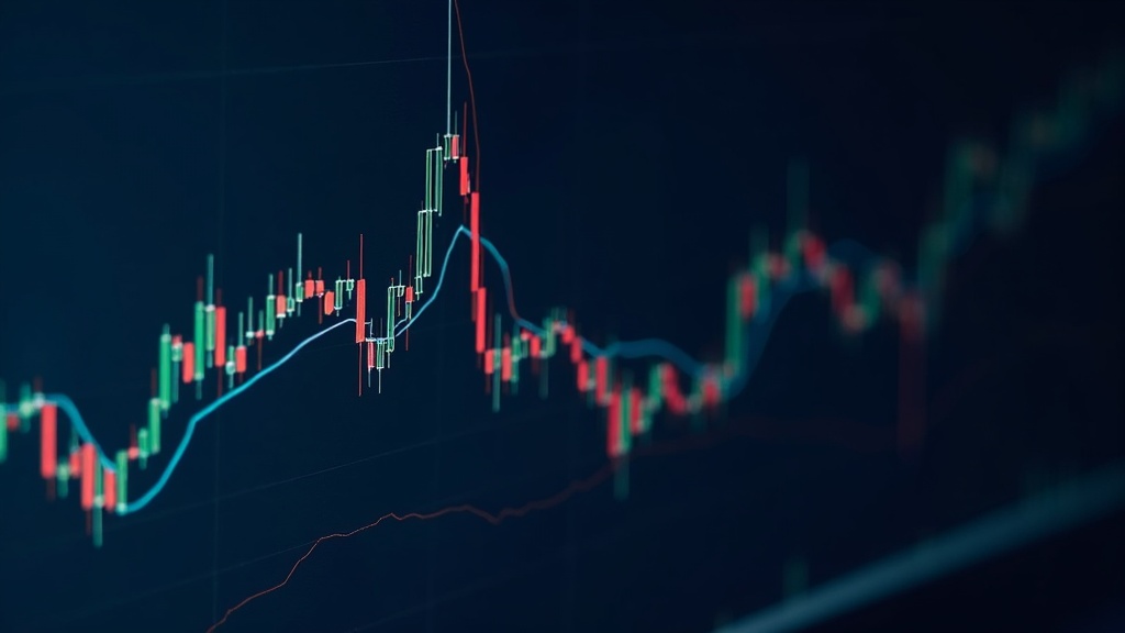 Stock market chart with line graphs, candlesticks, and volume bars on a computer screen