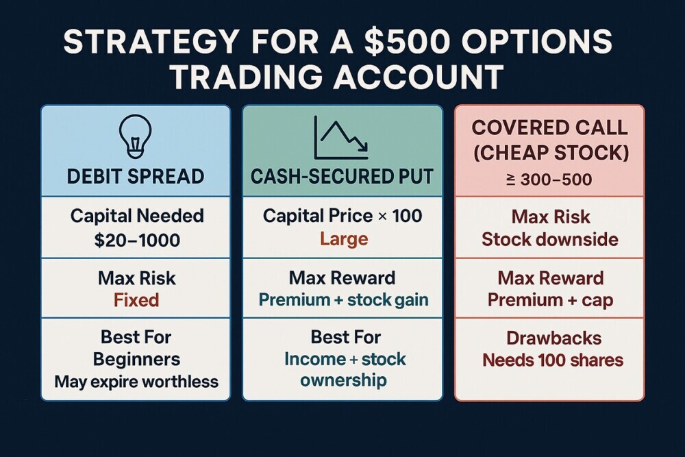 Strategies comparison for $500  options account